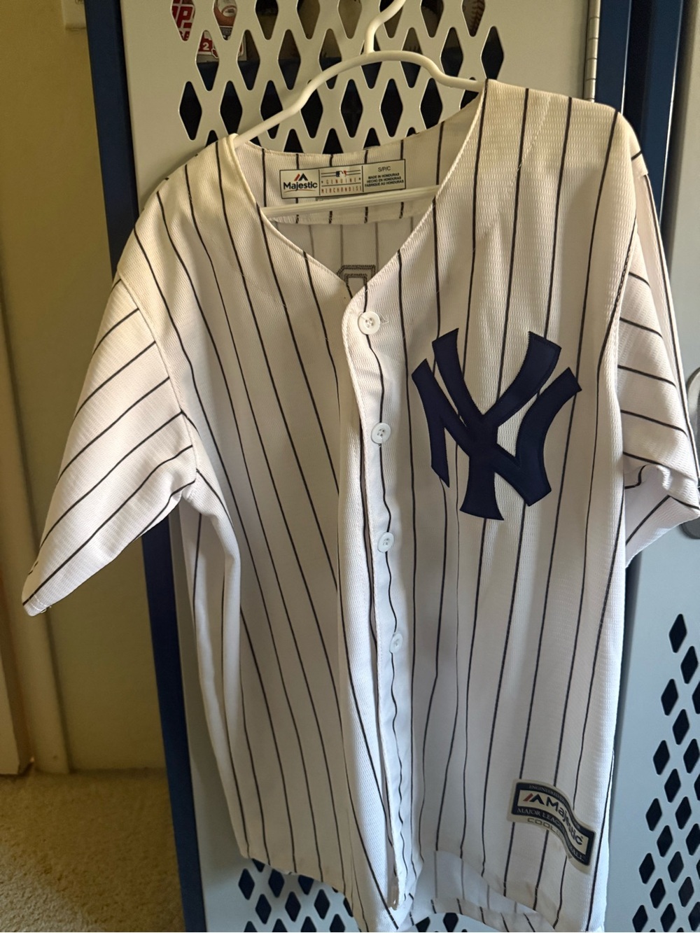 Authentic Majestic White Baseball Jersey with Black Pinstripes